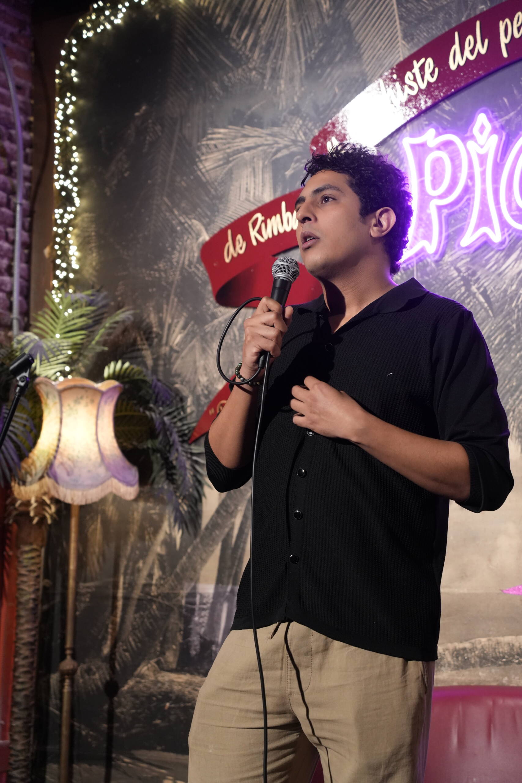 Comedian in a black shirt performing in front of the Picnic backdrop