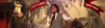 Comedian performing stand-up on stage at Madrid Comedy Festival, wide banner crop