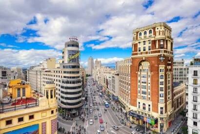 Aerial view of a busy Madrid avenue lined with grand buildings