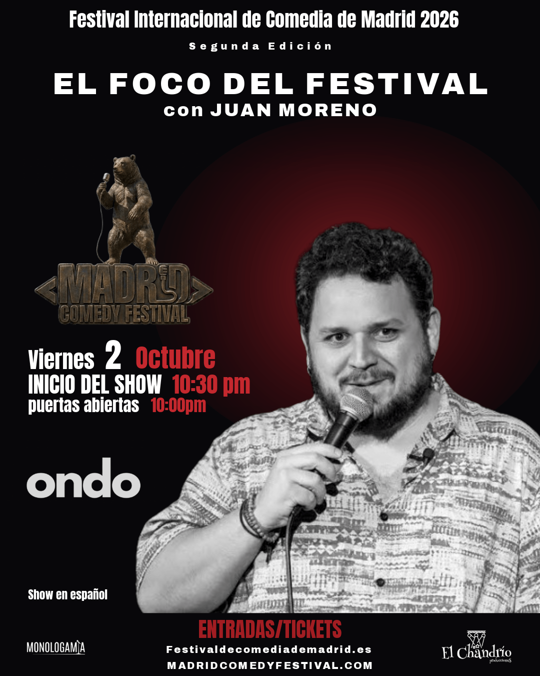 Poster for El Foco del Festival with Juan Moreno, a Spanish-language show